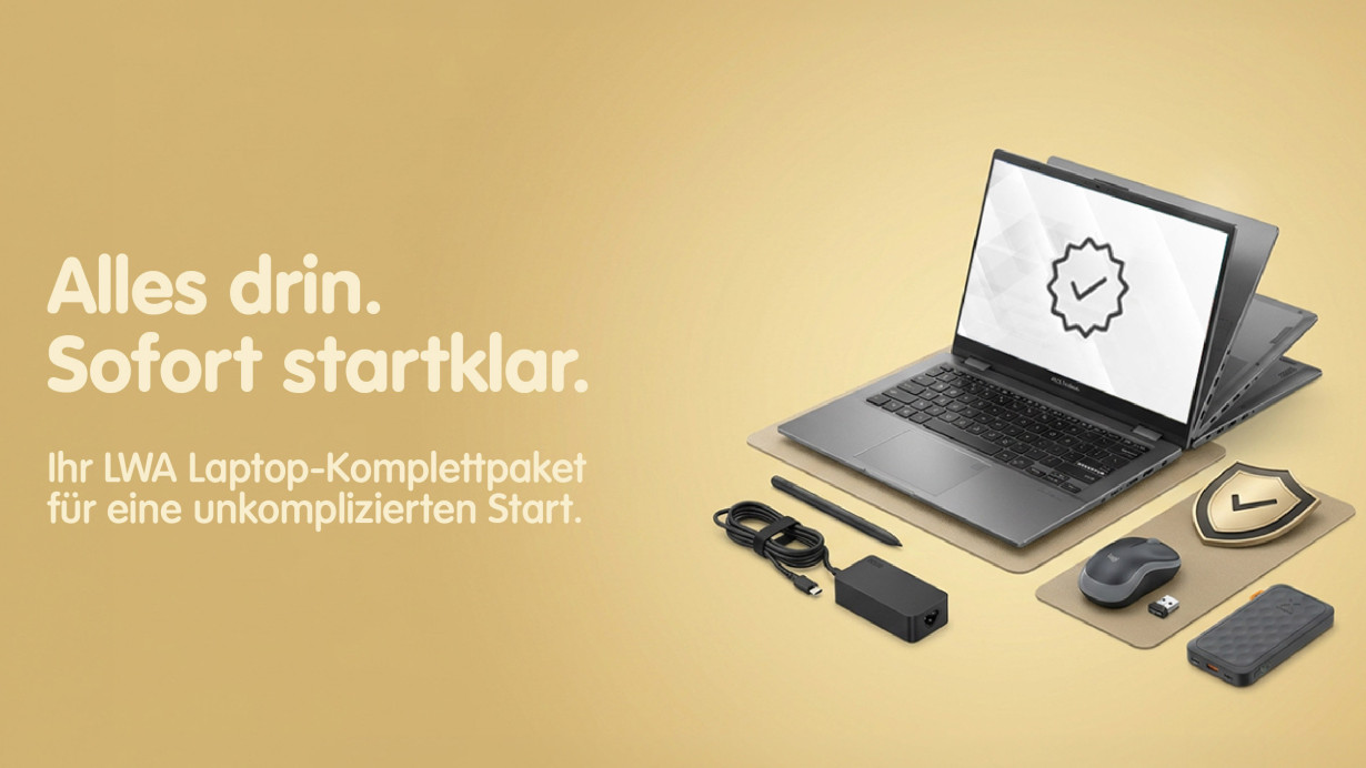 Alles drin. Sofort startklar: Das LWA Laptop-Starterpaket mit 2-in-1 Touch-Laptop, Zubehör & Einrichtung – ab CHF 1'169.–. Jetzt informieren und bestellen.